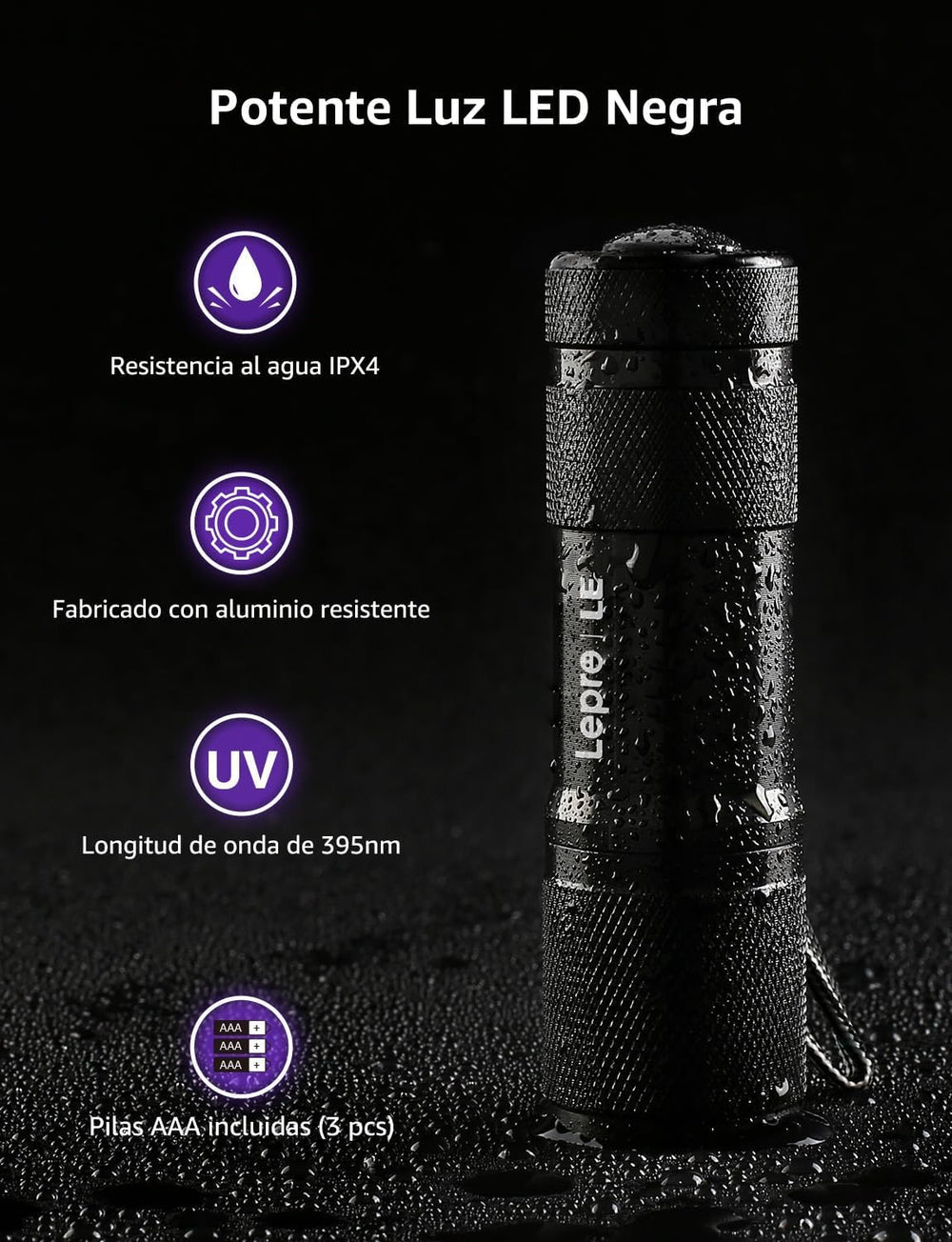 Lighting EVER LE Small UV 395nm, incluye baterías AAA para uso inmediato.