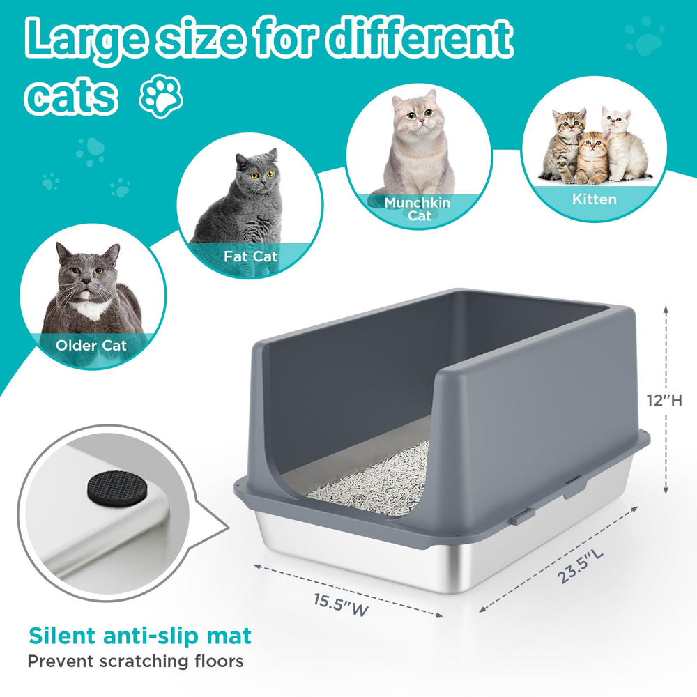 LIHONG, caja de arena de acero inoxidable con tapa XL, paredes altas para evitar derrames