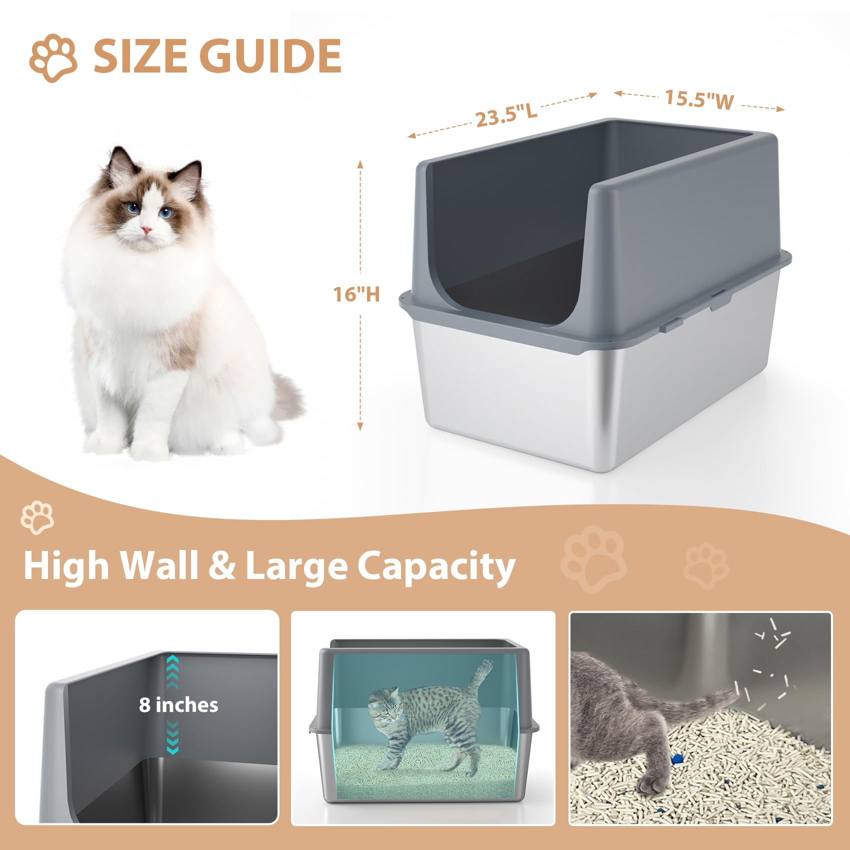 LIHOOOOM caja de litter de acero inoxidable con paredes altas para gatos grandes
