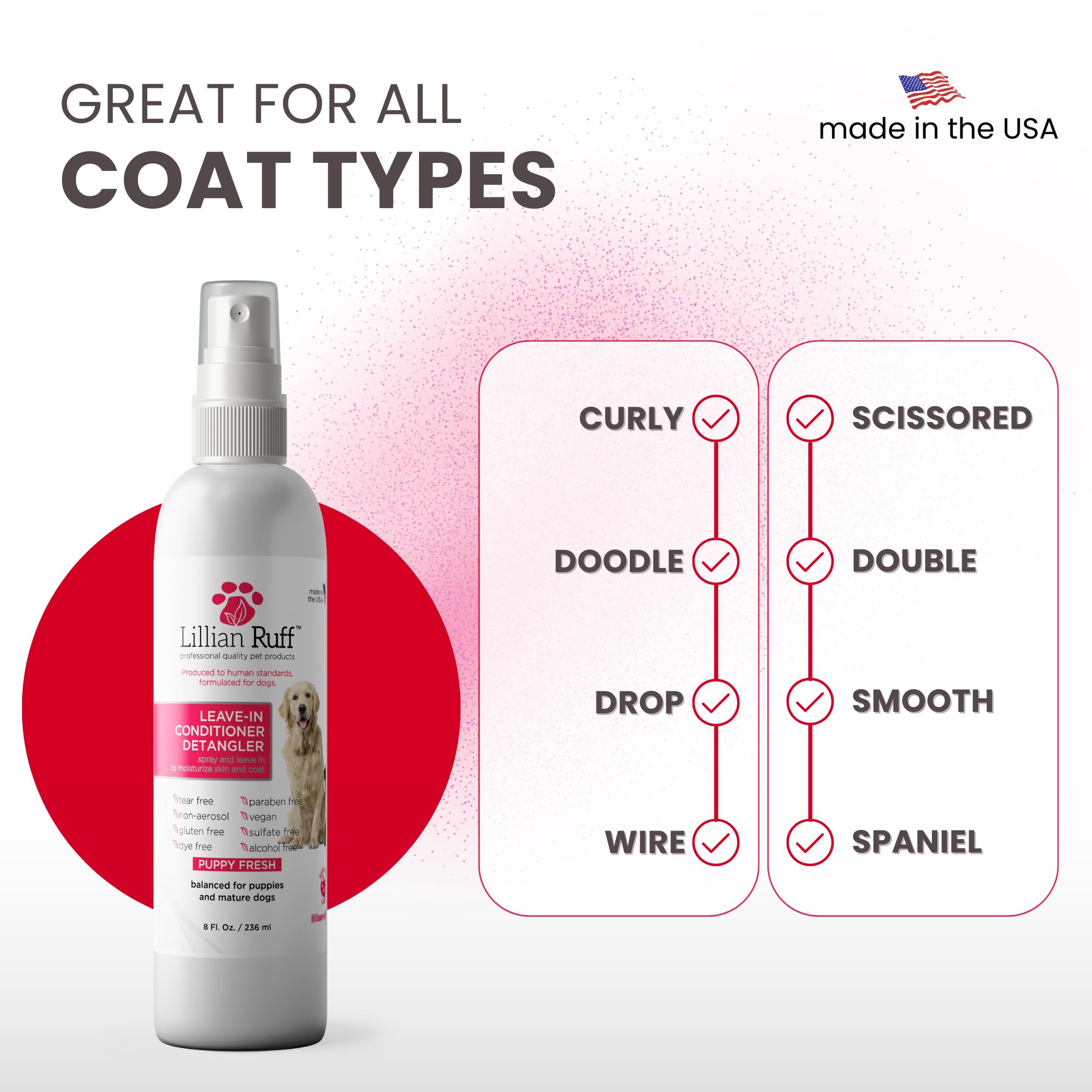 Lillian Ruff aerosol aroma en polvo para perro, fragancia suave durante el cuidado.