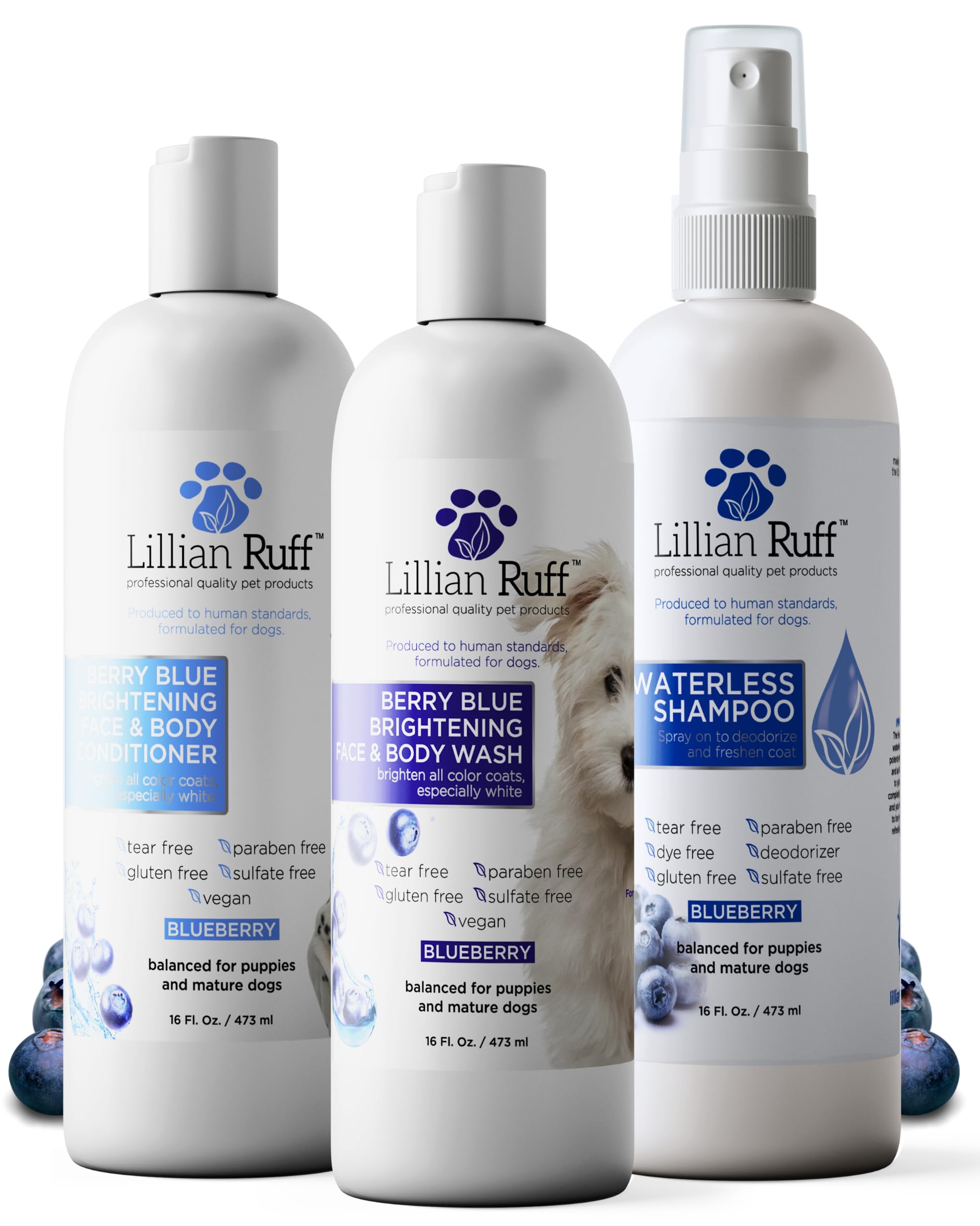 Lillian Ruff Berry Blue Shampoo en botella brillante, aporta brillo y suavidad al pelaje.