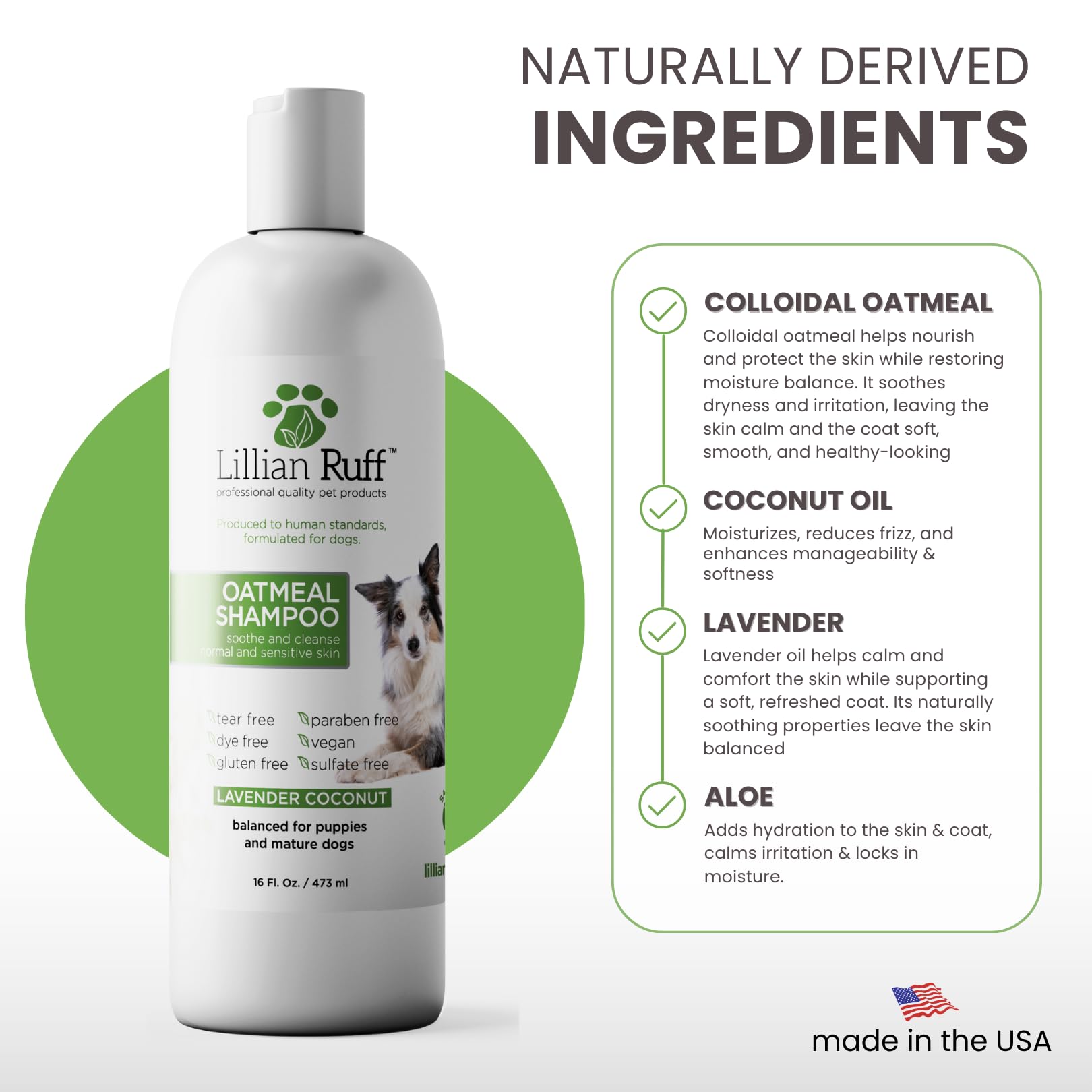 Lillian Ruff champú para perros con provitamina B5 para cuidado suave del pelaje.