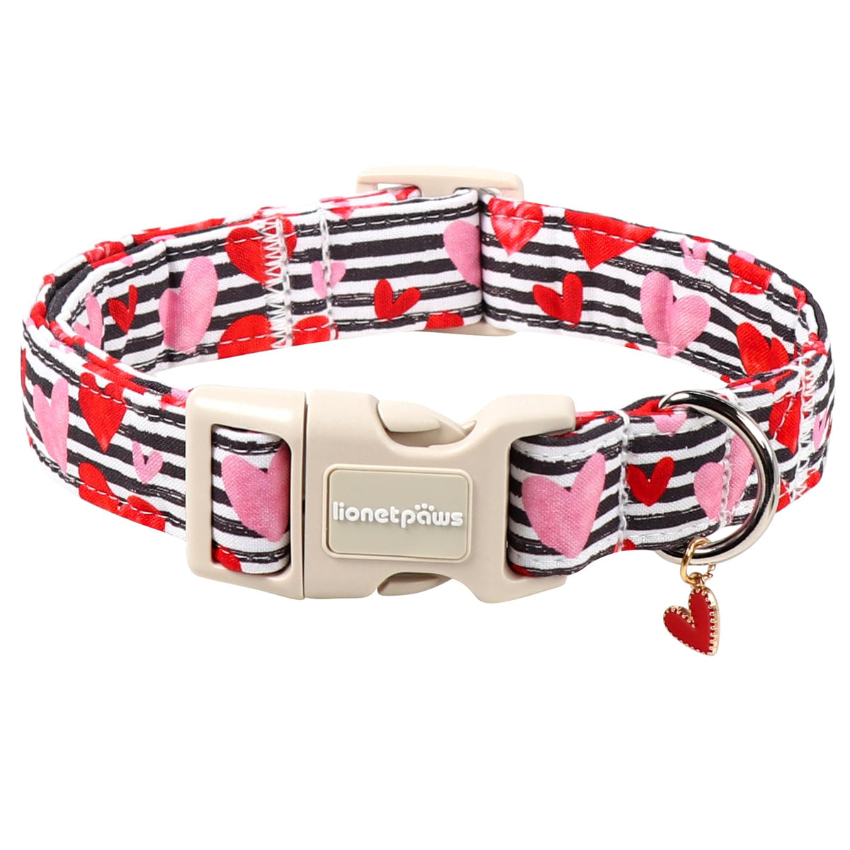 Collar Lionet Paws San Valentín con rayas negras y blancas, cómodo para paseos.