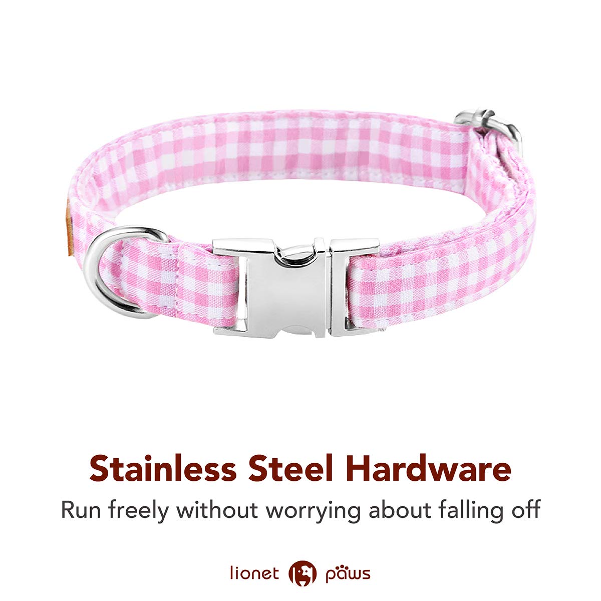 Lazo rosa a cuadros de Lionet Paws, diseño desmontable para looks versátiles.