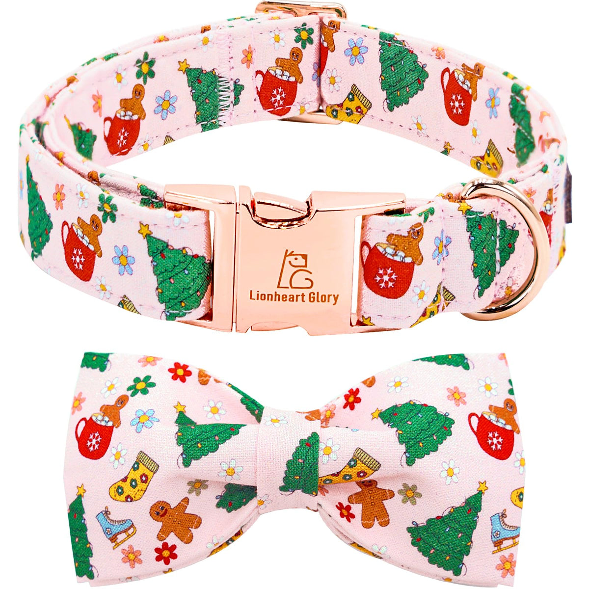 Collar Lionheart Glory con lazo navidad y árbol, ideal para fiestas y paseos.