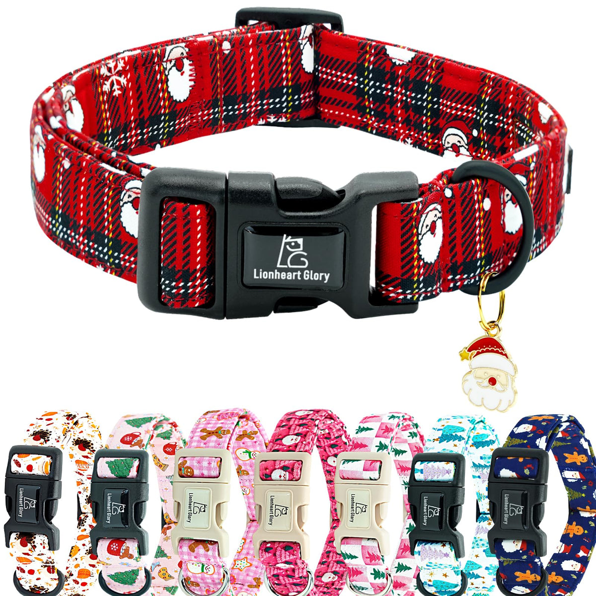 Collar Lionheart Glory con patrón navidad en cuadros rojos para perros.