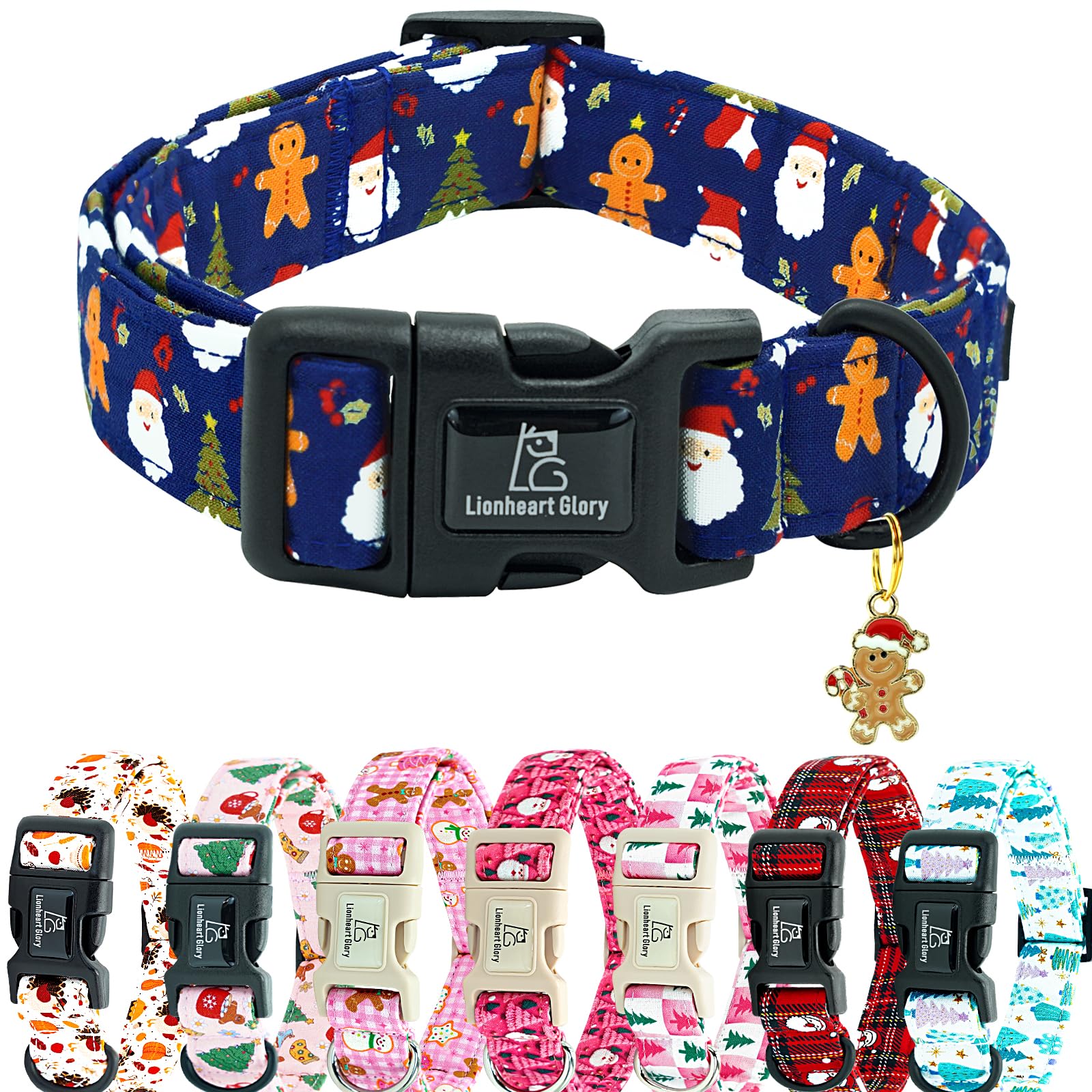Collar Lionheart Glory para Navidad con hombre de jengibre azul, ideal para fotos festivas.