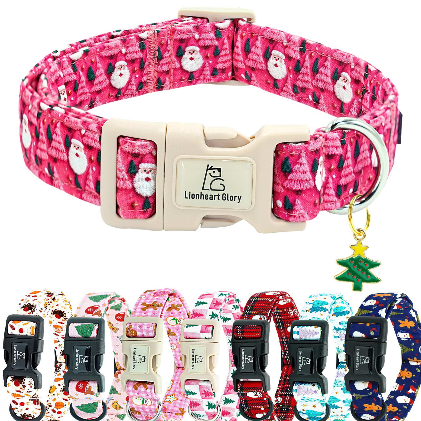 Collar Lionheart Glory rosa con motivo navideño, ideal para fotos festivas.