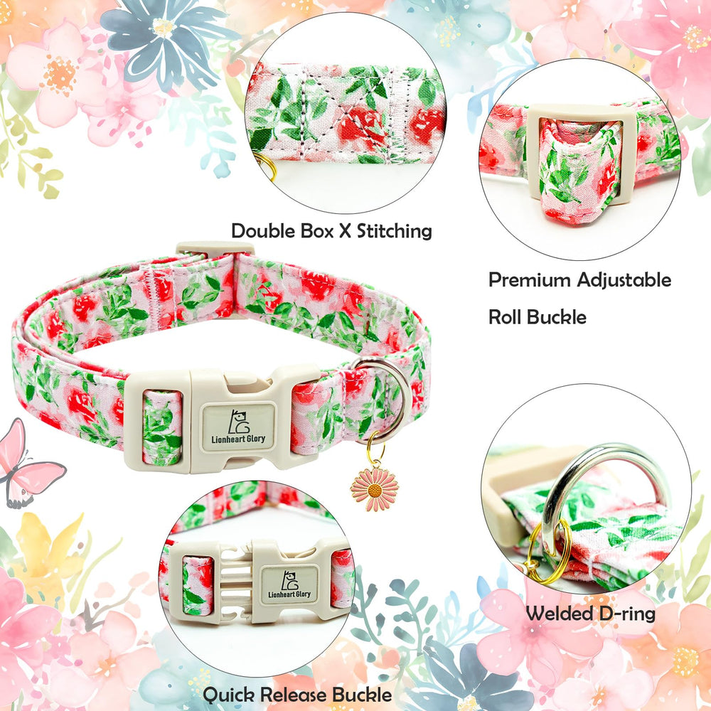 Collar ajustable Lionheart Glory, flor rosa, cómodo para perros medianos en todas las actividades.