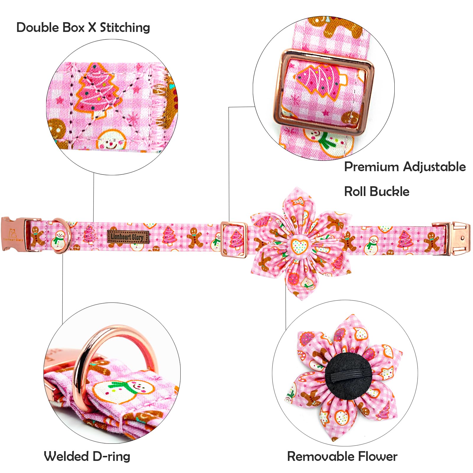 Collar Lionheart glory con cuadros rosados y flor decorativa para perros.