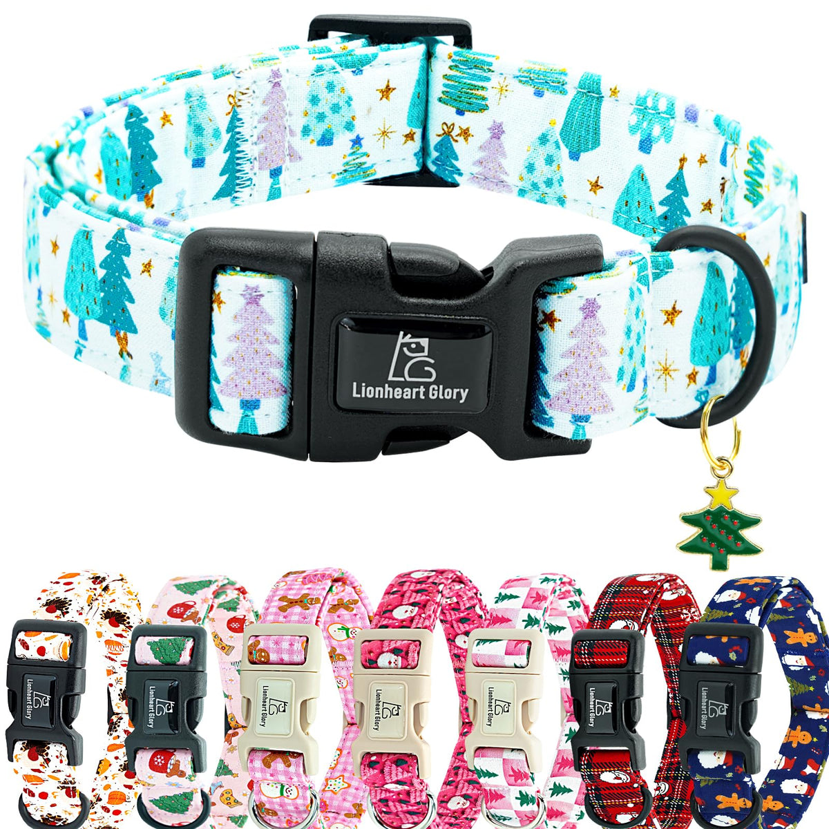 Collar Lionheart Glory azul navidad con arboles, ideal para paseos festivos