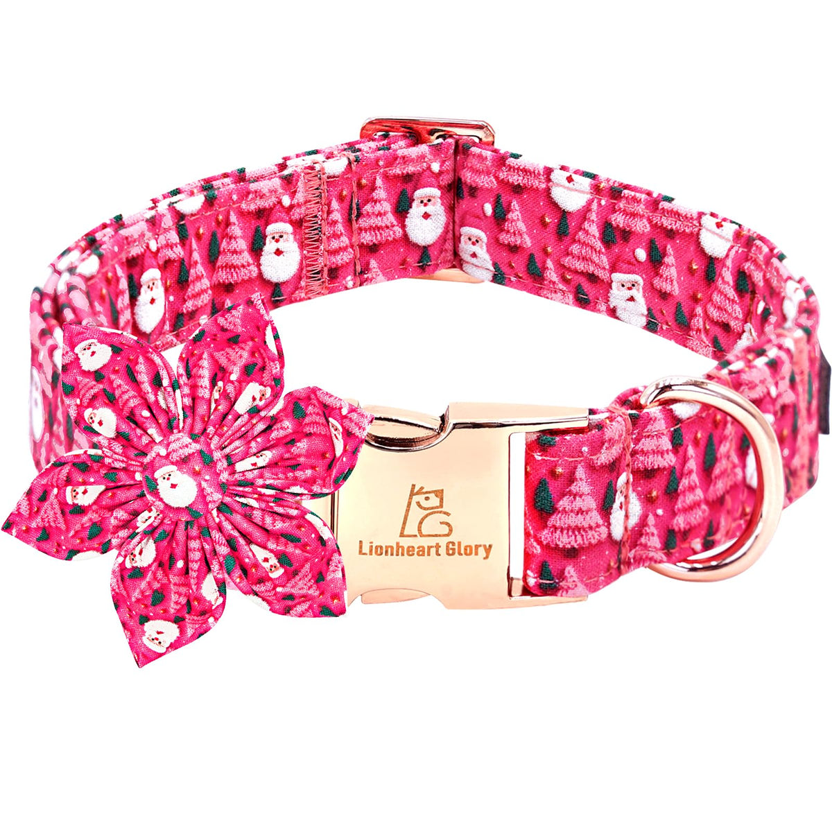 Lionheart Glory collar de Navidad para perro con flor rosa, ideal para festividades y paseos.