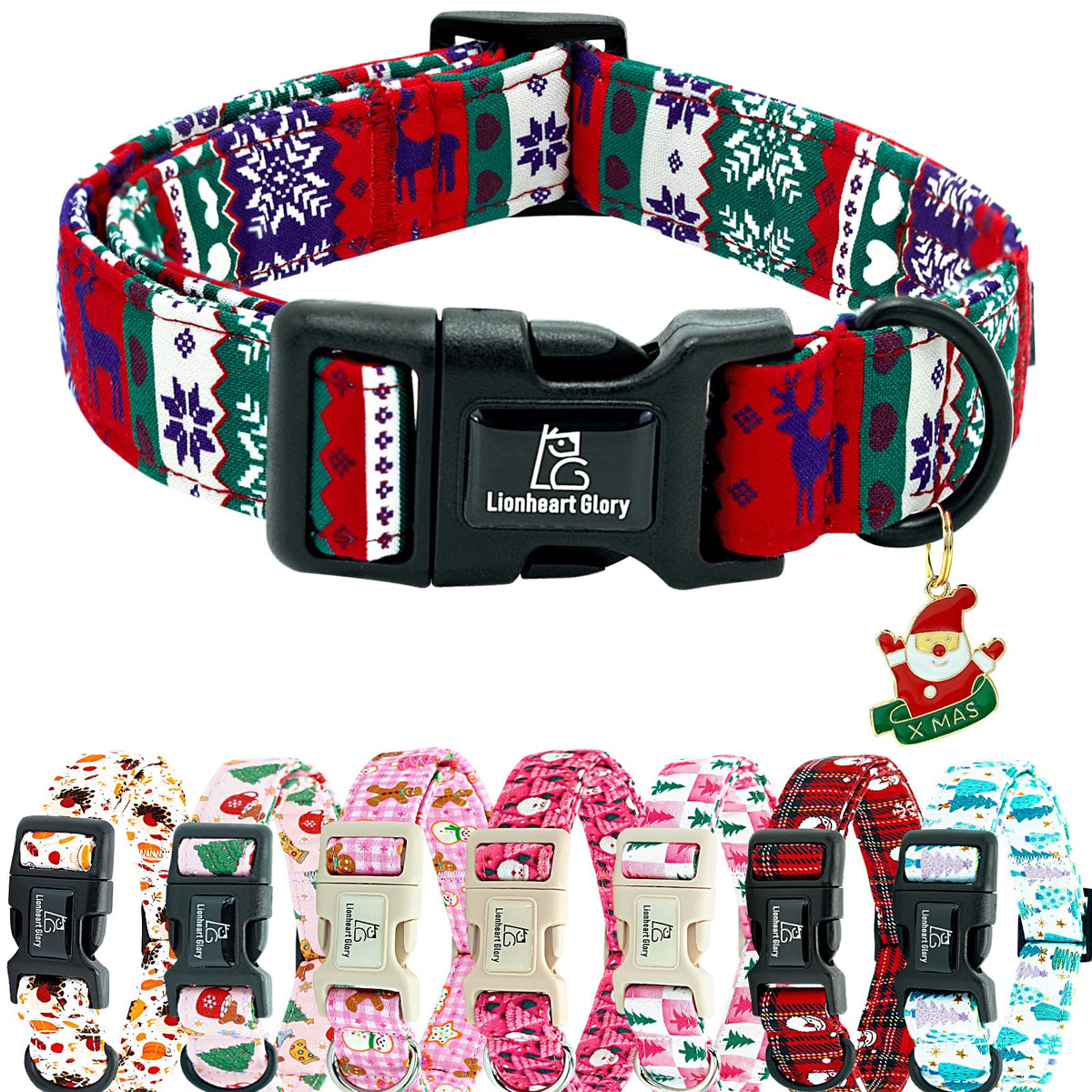 Collar Lionheart glory para perro con motivo navideño rojo-verde, cómodo y seguro para uso diario.