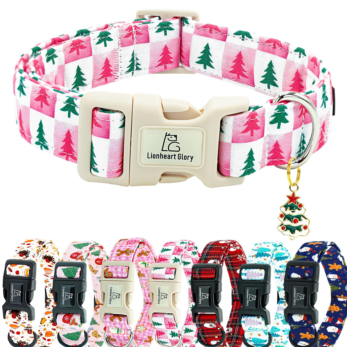 Collar Lionheart Glory para perro con diseño navidad rosa a cuadros, ideal para paseos festivos.