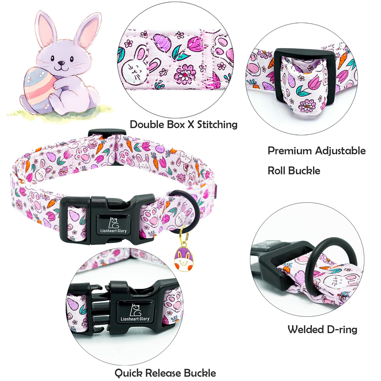 Collar Lionheart Glory con diseño huevos de conejo, ideal para fotos primaverales.