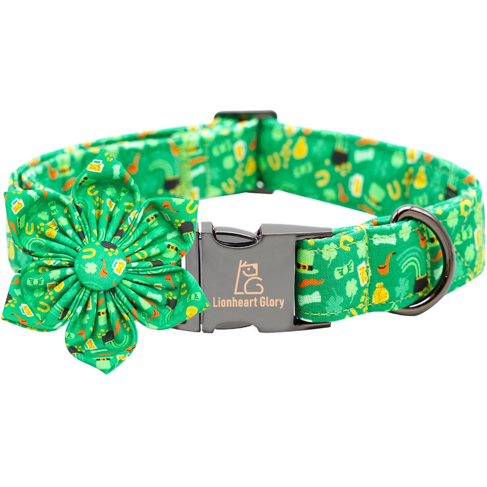 Collar Lionheart glory para perro verde con flor, ideal para San Patricio