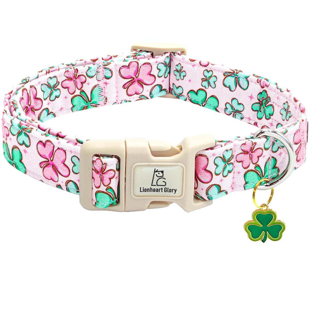 Lionheart Glory: collar St Patrick rosa con trébol, ideal para paseos.