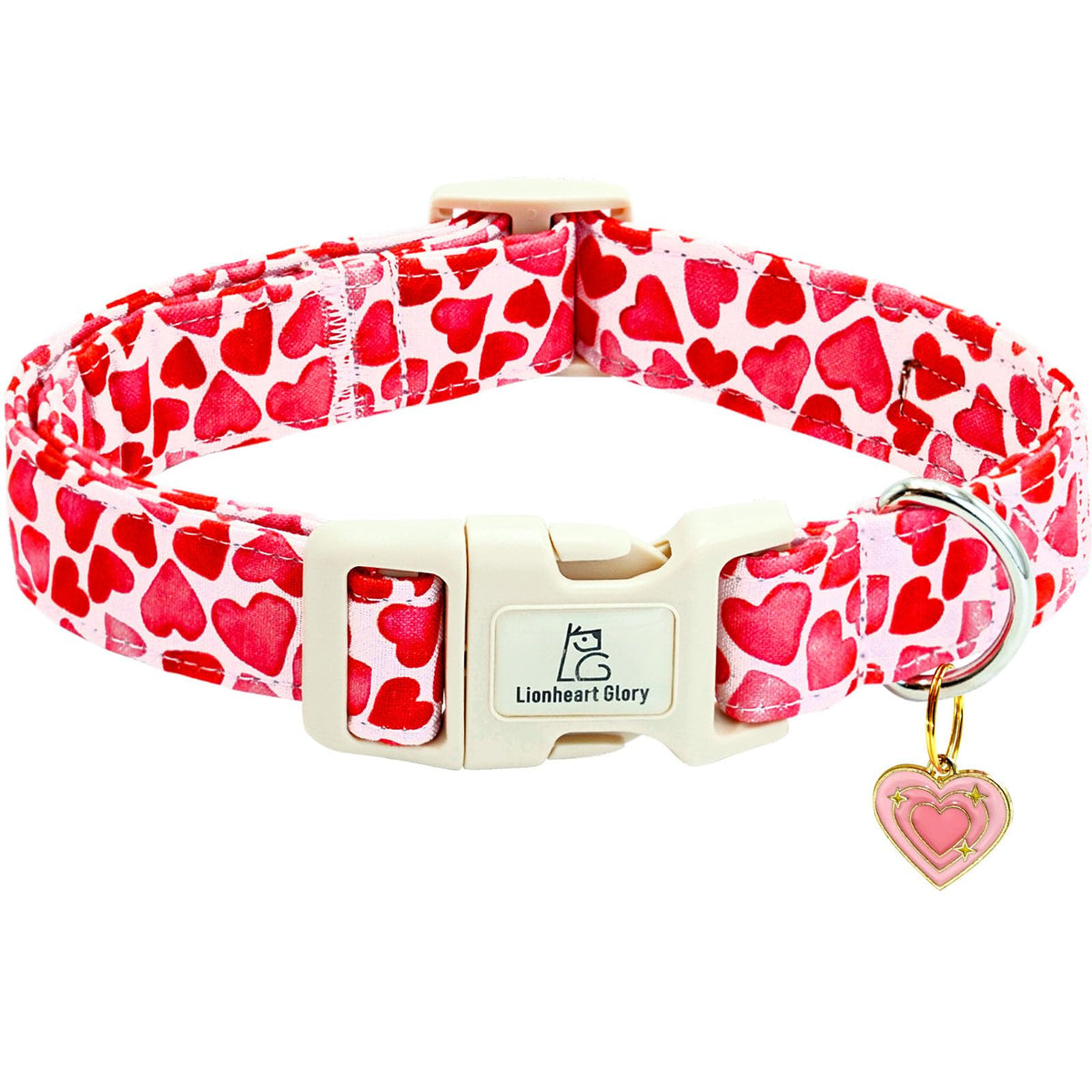Collar Lionheart Glory Valentine con corazones rojos para perro mediano, ideal para paseos diarios