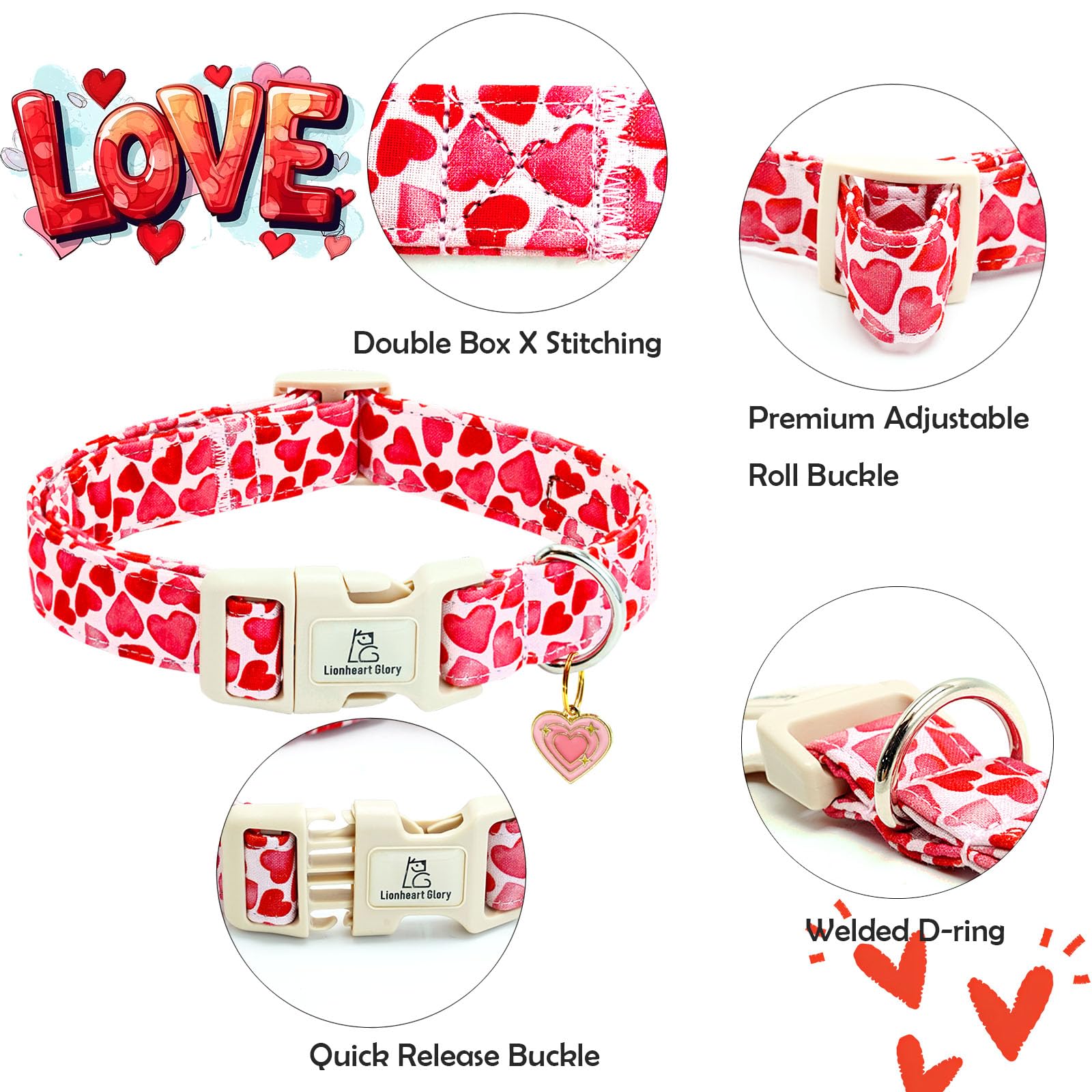 Collar Lionheart Glory Valentine, diseño único con corazones rojos para lucir elegante