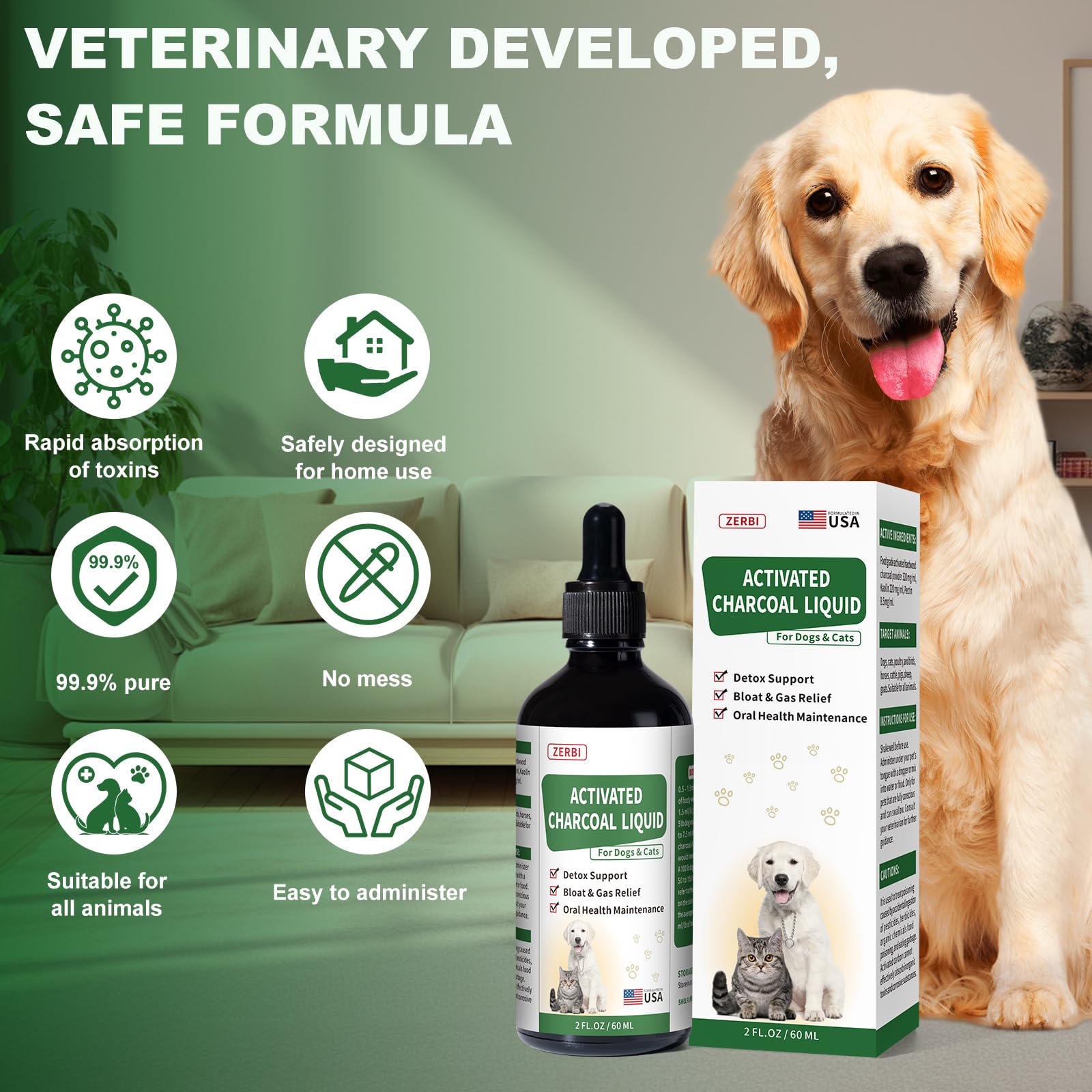 Liovsiso carbon activado para emergencias caninas, solución rápida para primeros auxilios.