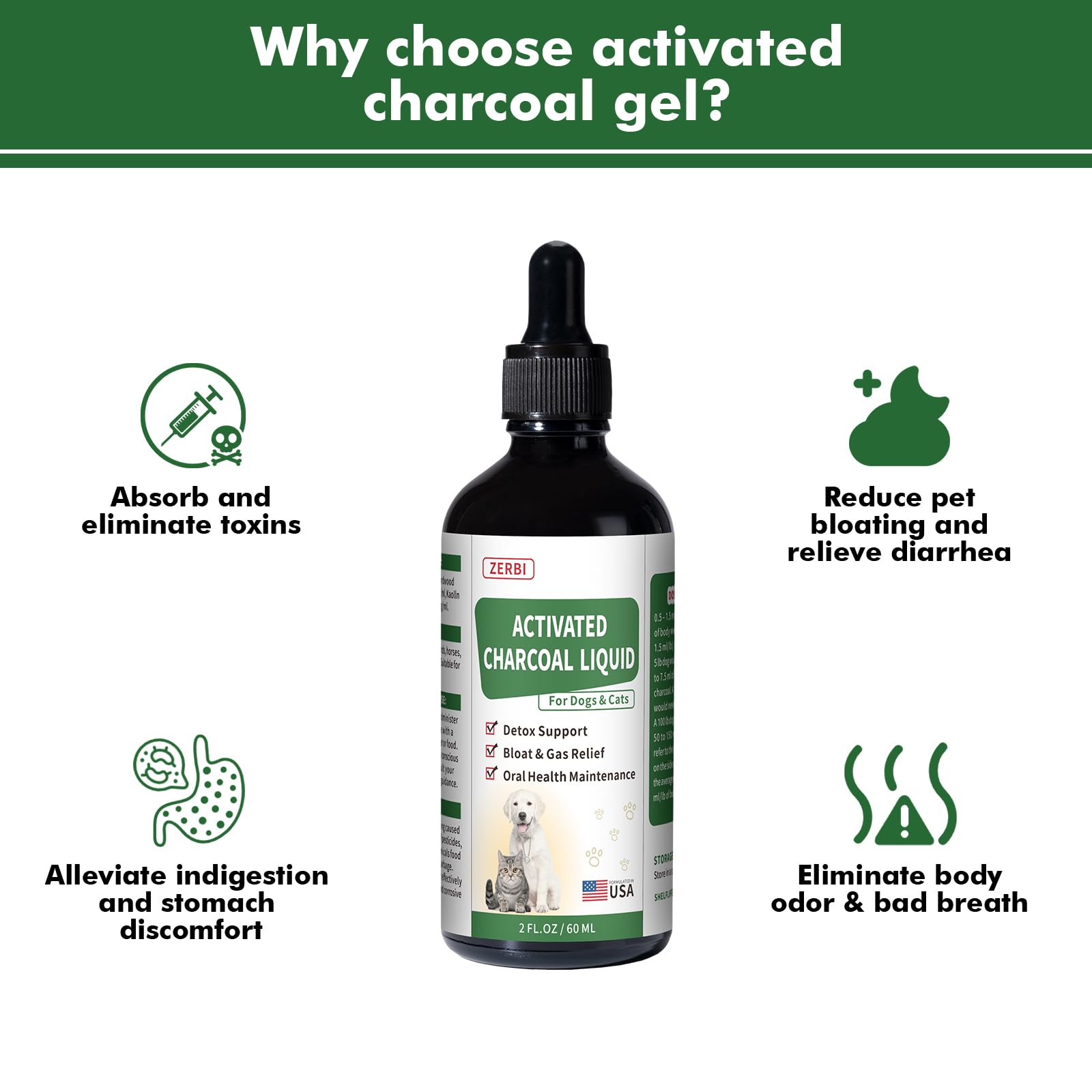 Liovsiso carbon activado para perros, gotero para dosis precisa y fácil de aplicar.