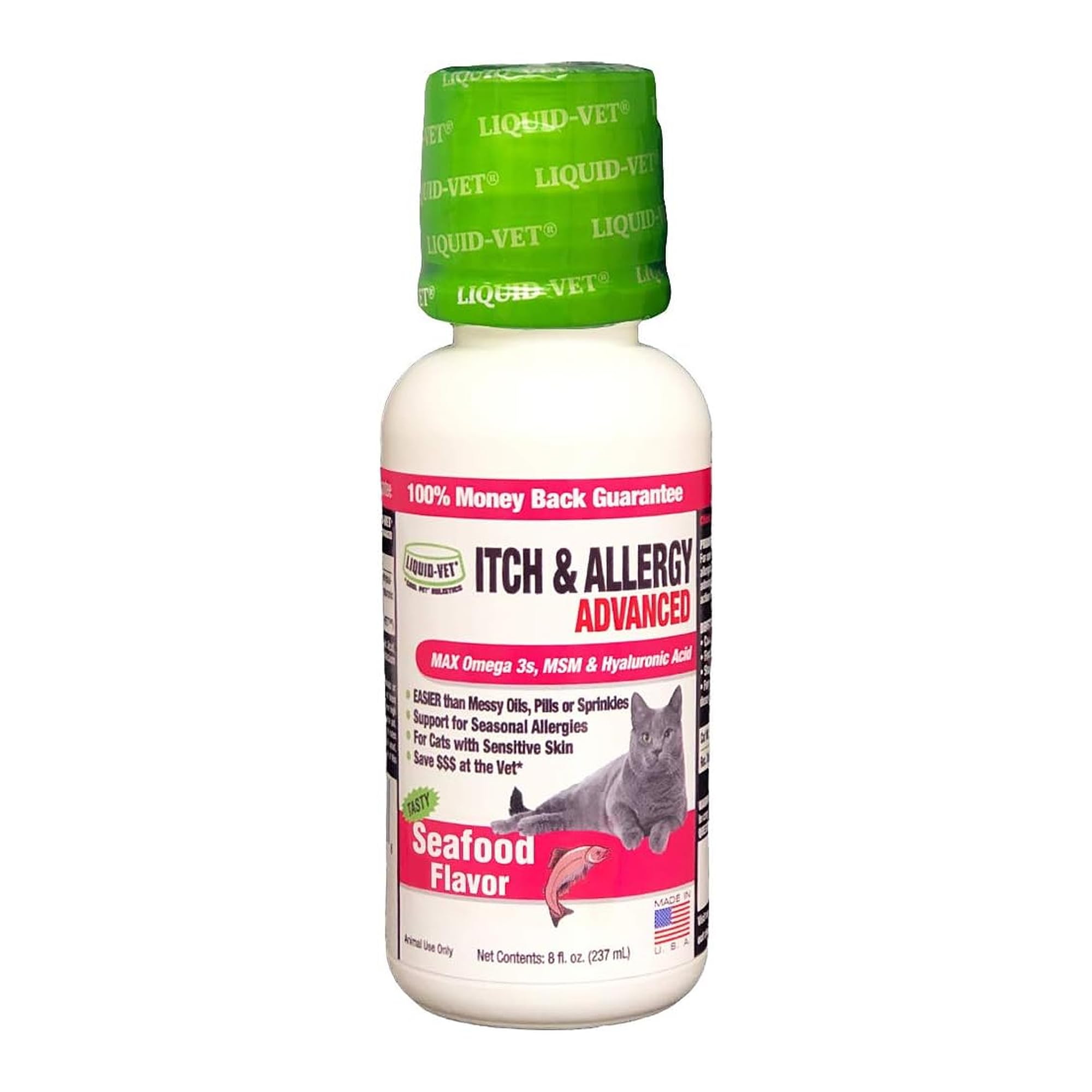 LIQUID-VET botella 8oz facilita aplicación suave para piel sensible.