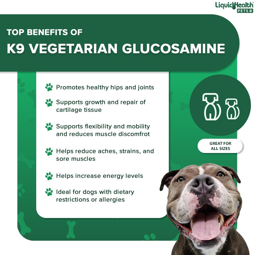 LiquiHealth K9 Glucosamina: etiqueta vegetariana, opción natural para perros.