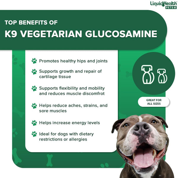 LiquiHealth K9 Glucosamina: etiqueta vegetariana, opción natural para perros.