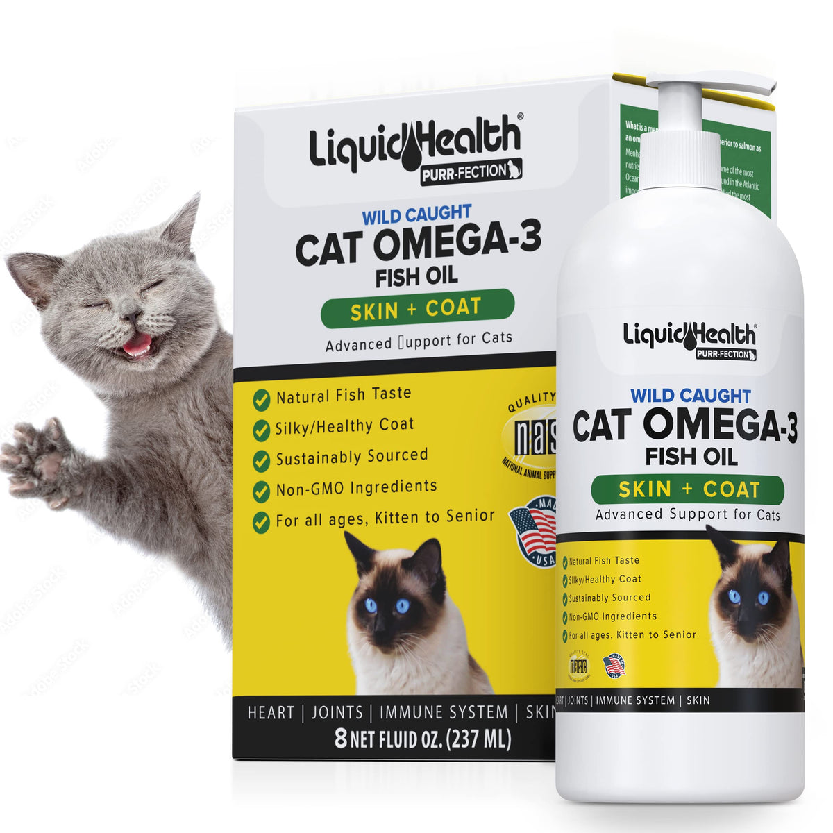 Liquid Health Gatos: botella de aceite Omega 3 para apoyar la salud cardíaca potencial.