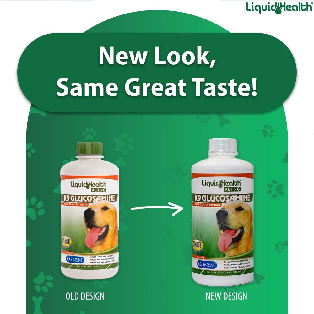 LIQUIDHEALTH K9 glucosamina: etiqueta frontal transmite confianza y fórmula para articulaciones.