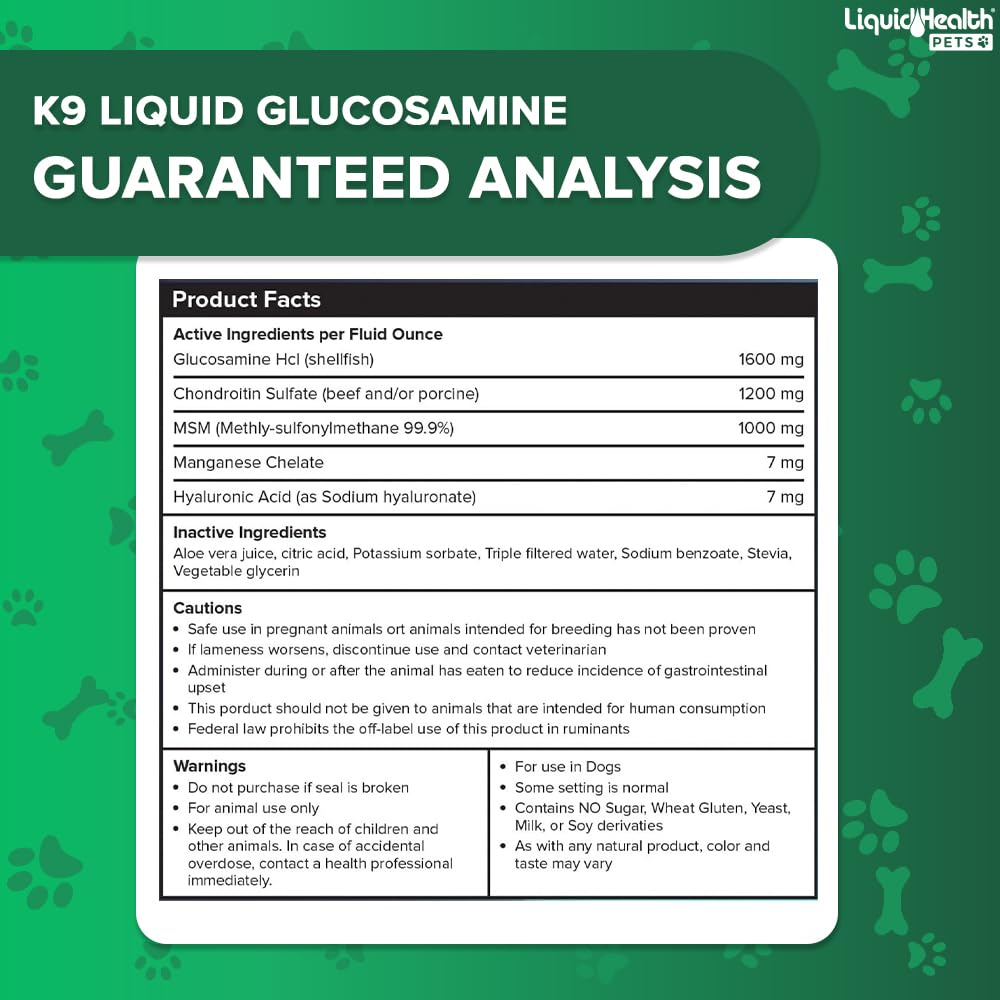 LIQUIDHEALTH K9 glucosamina: uso diario para apoyo articulaciones de perros.