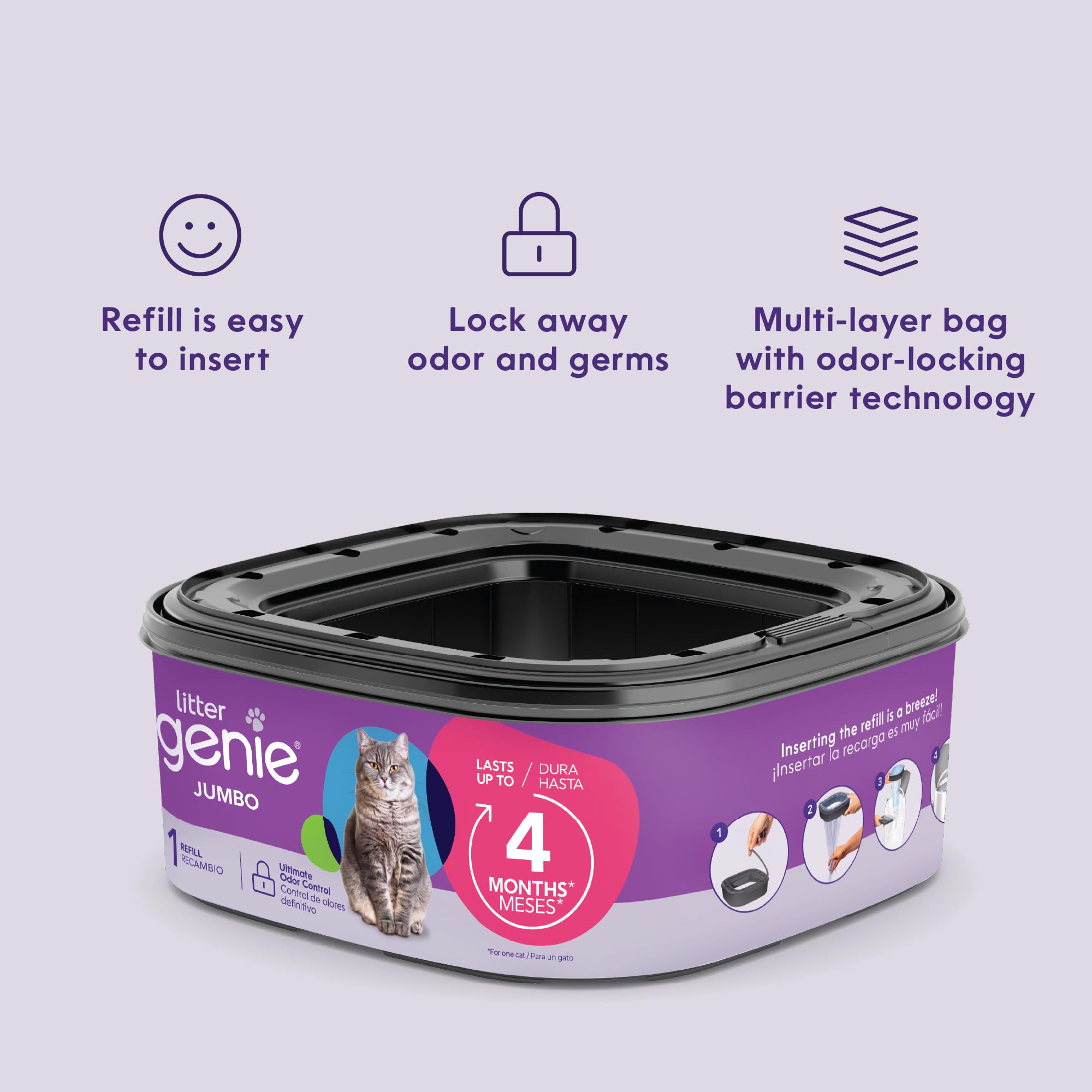 Duración de hasta 8 meses con relleno jumbo Litter Genie