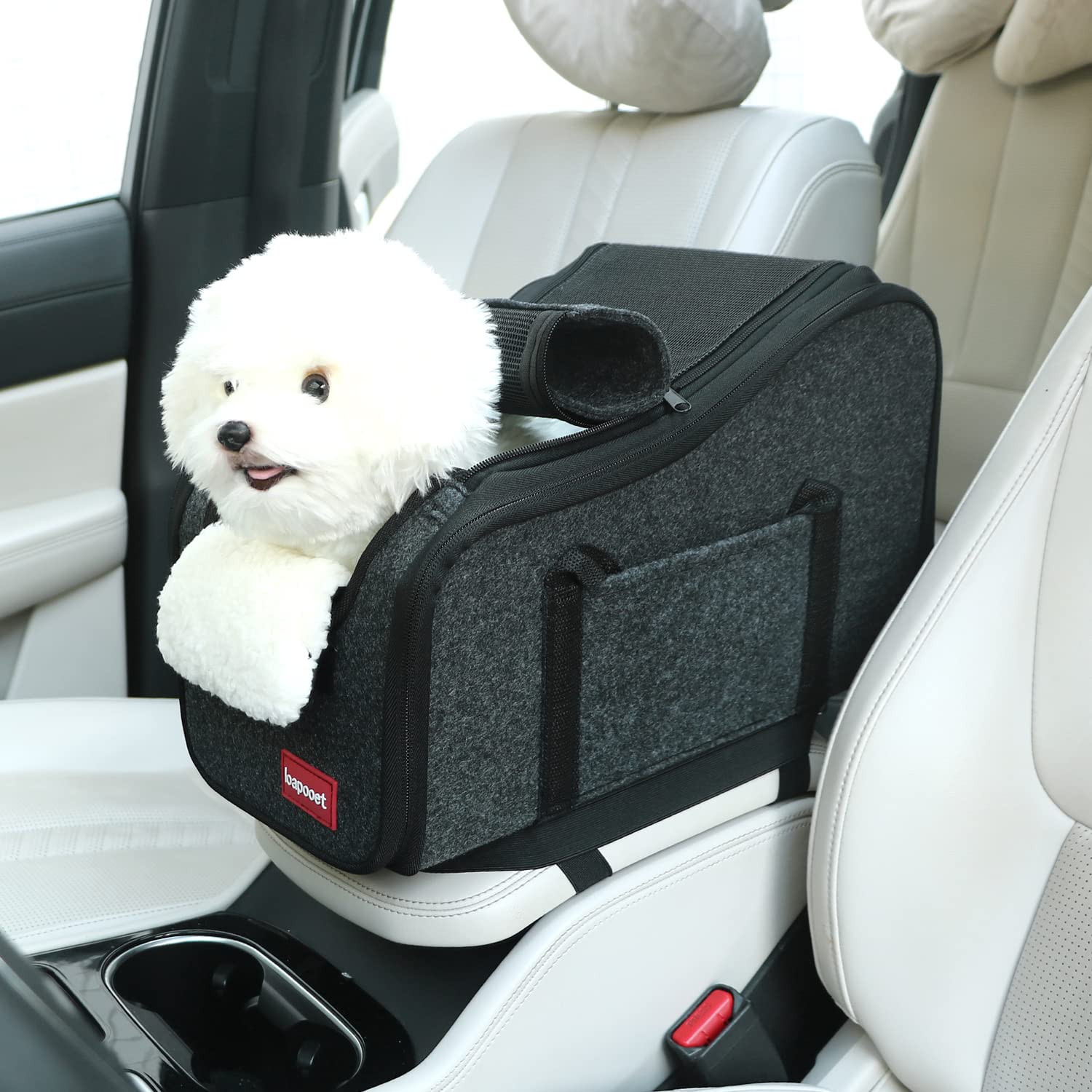 Loapooet asiento consola para perro compacto, ideal para viajes seguros en coche.