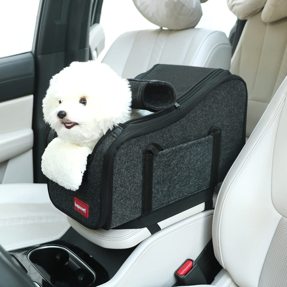 Loapooet asiento consola para perro compacto, ideal para viajes seguros en coche.
