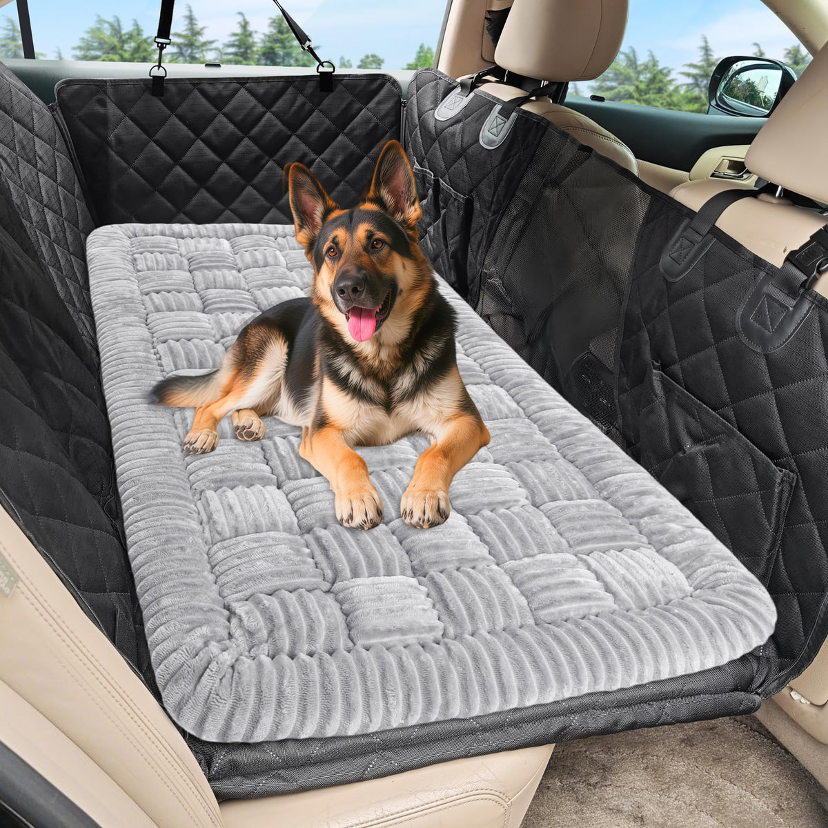 La Loiion cama-perro-asiento-trasero antideslizante mantiene al perro seguro en trayectos.