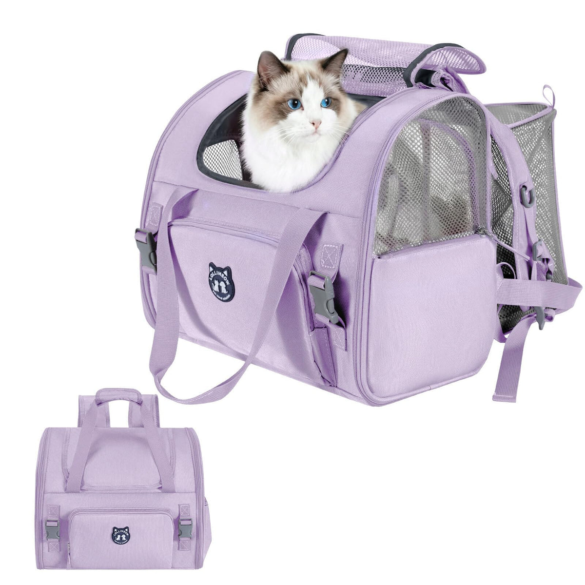 LOLLIMEOW mochila expandible, vista frontal, transporte cómodo para gatos grandes.