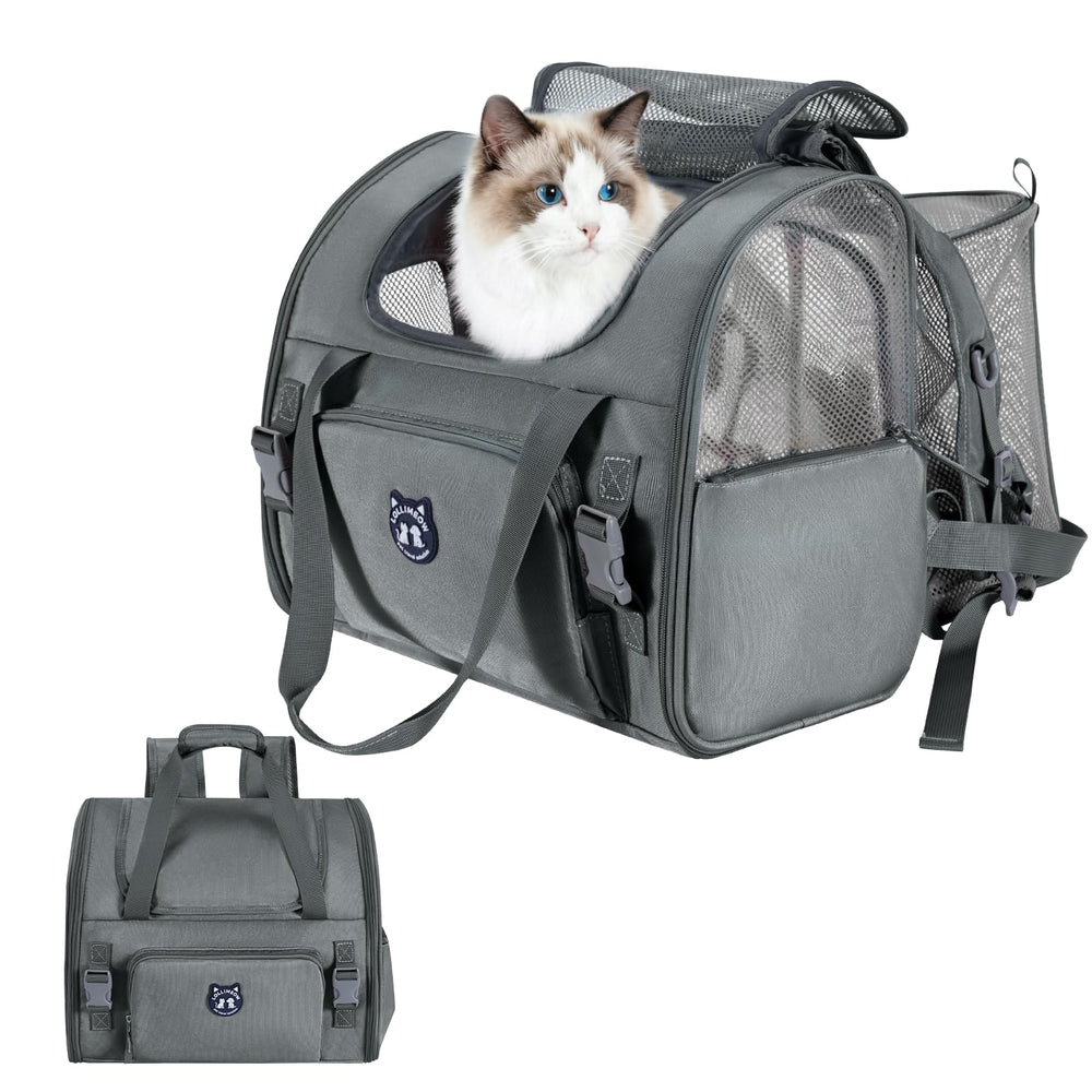 Mochila expandible Lollimeow para gatos grandes, vista frontal, ideal para viajes