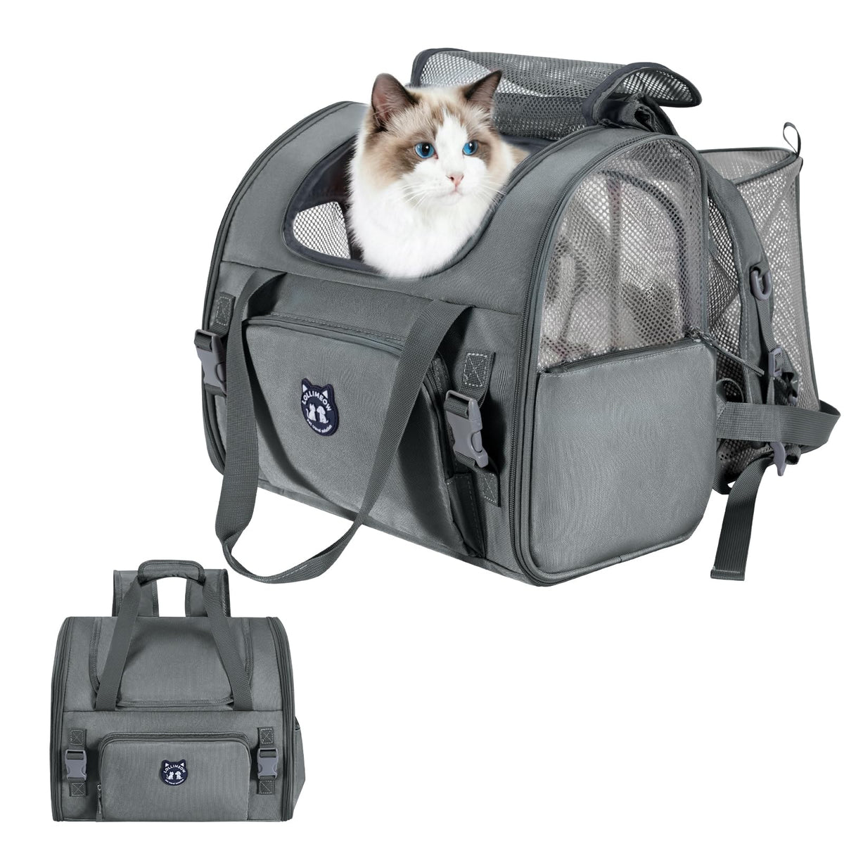 Mochila expandible Lollimeow para gatos grandes, vista frontal, ideal para viajes