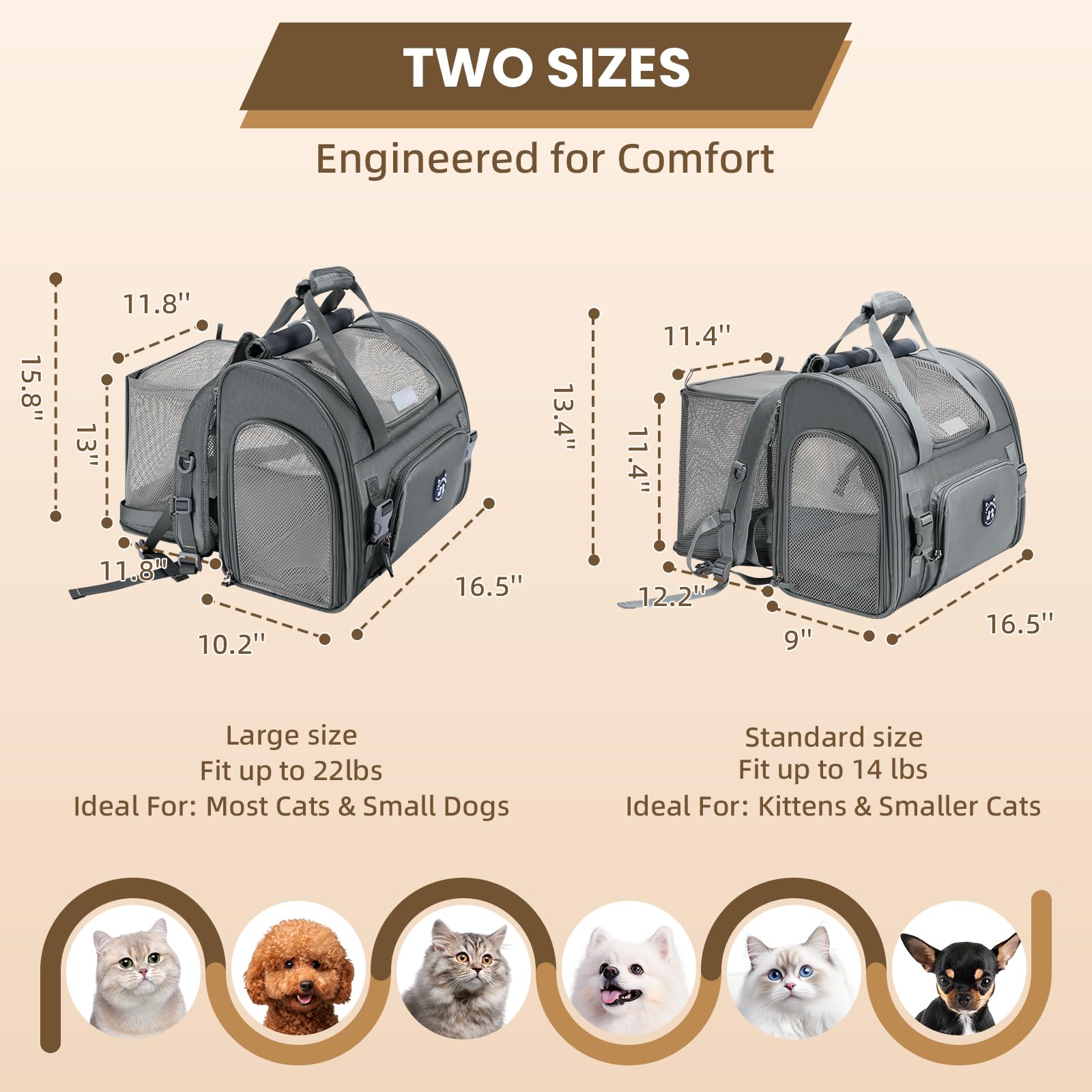 Mochila expandible Lollimeow en lateral, espacio para estirar durante viajes