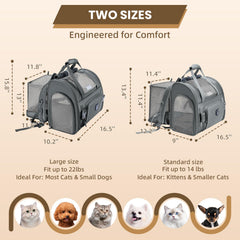 Mochila expandible Lollimeow en lateral, espacio para estirar durante viajes
