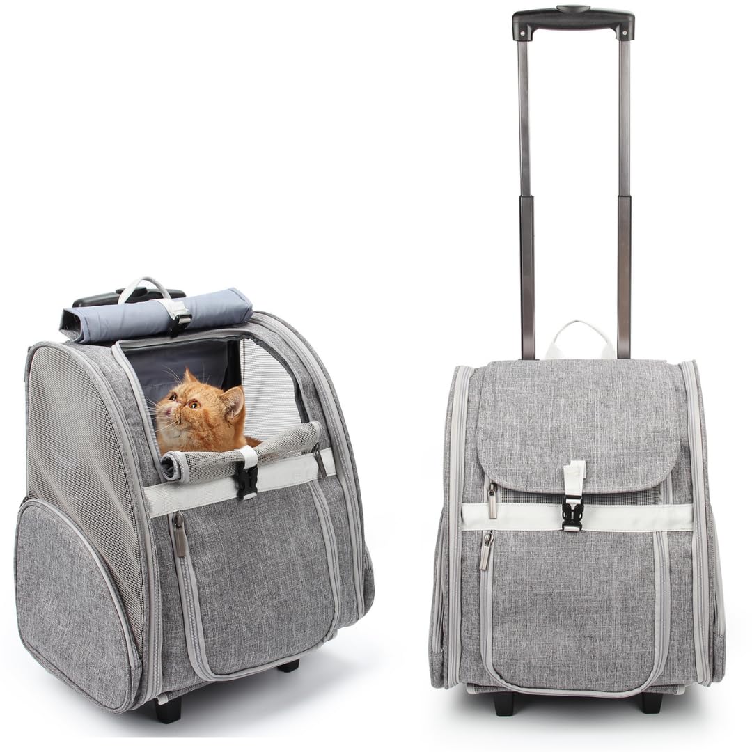 Portador Lollimeow con ruedas, vista frontal, movilidad suave para mascotas pequeñas.