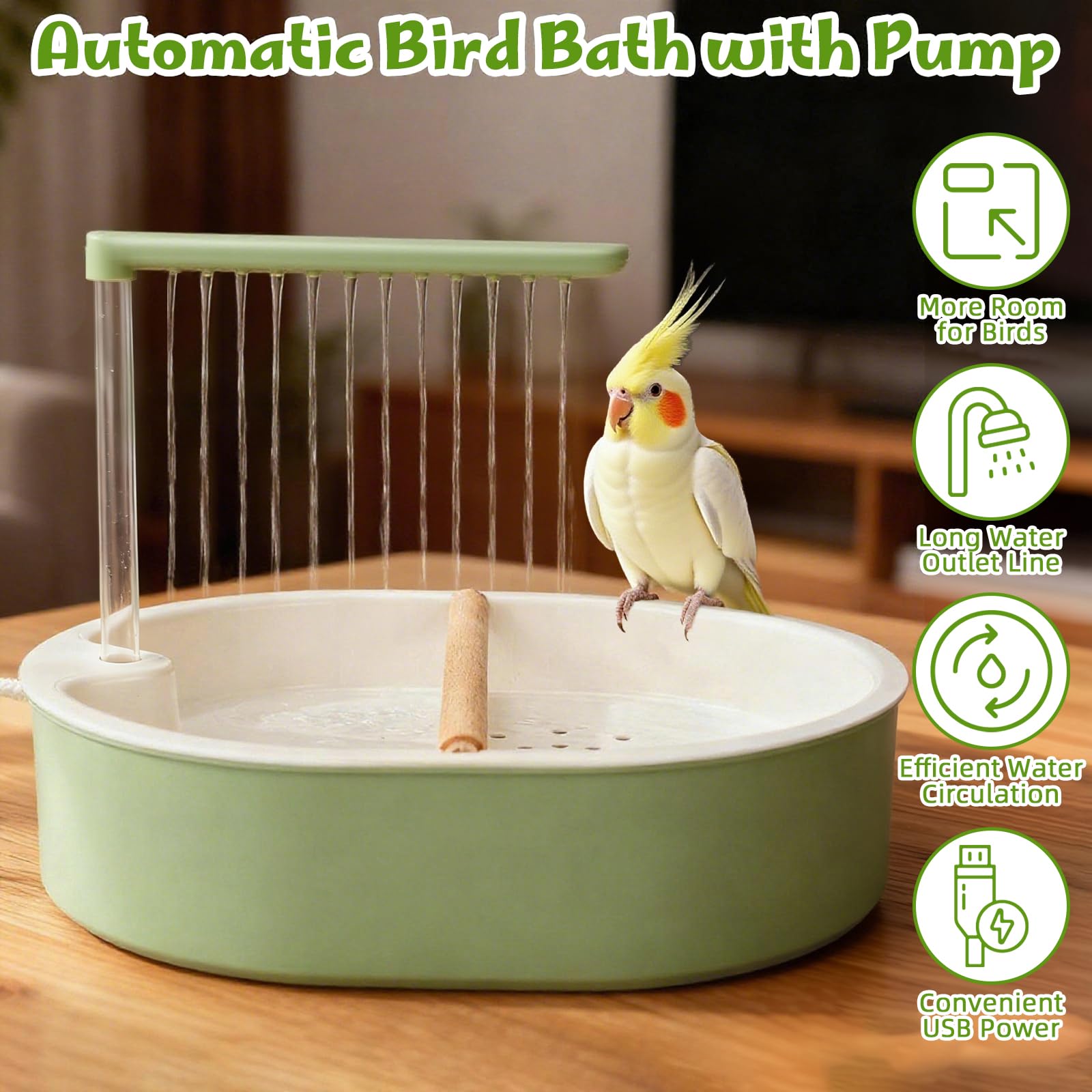 Lonepetu Bomba USB Silenciosa ofrece baño sin ruidos para aves tímidas.