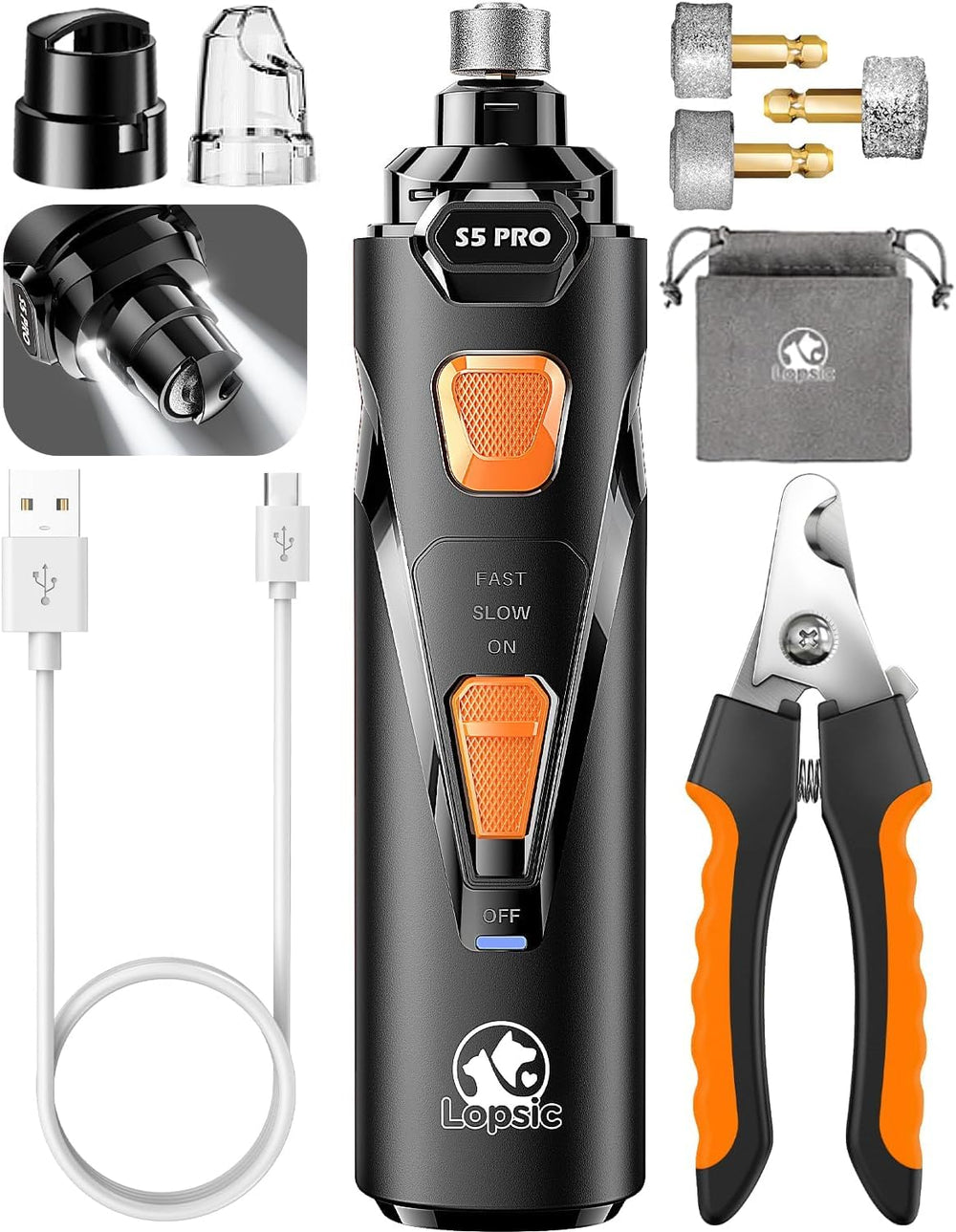 Lopsic lijadora de uñas para perros con dos luces LED para mayor precisión.