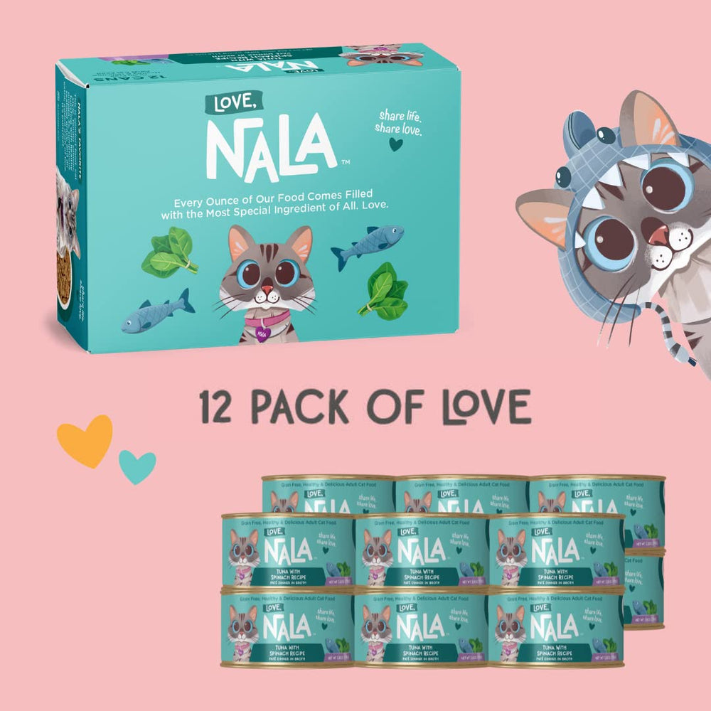 Gato comiendo LOVE, NALA paté atún espinaca servido en tazón.