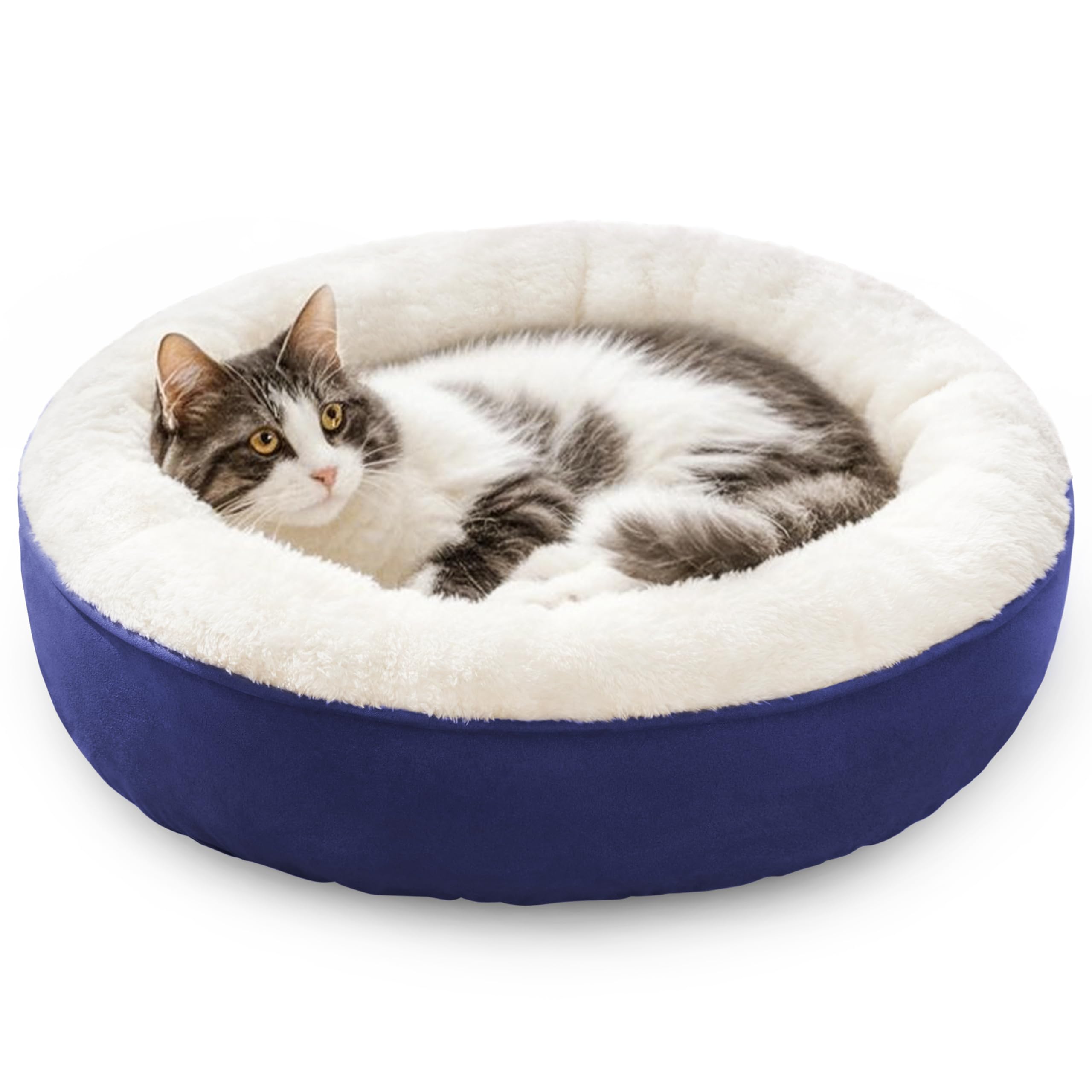 Love's cabin cama donut azul marino, vista exterior, ideal para pequeños perros y gatos.