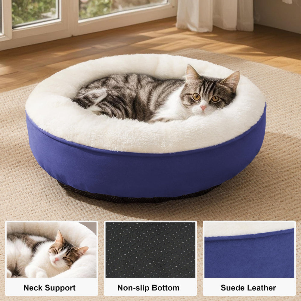 Love's cabin cama donut azul marino, vista lateral, ofrece sensación de seguridad para mascotas.