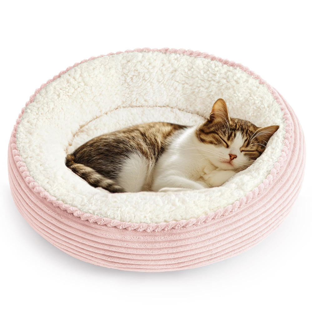 Love's cabin cama donut rosa rayas, vista frontal, descanso cálido para gatos y perros pequeños.