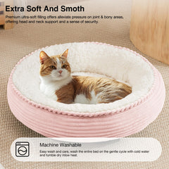Love's cabin cama donut rosa rayas, funda lavable para limpieza fácil.
