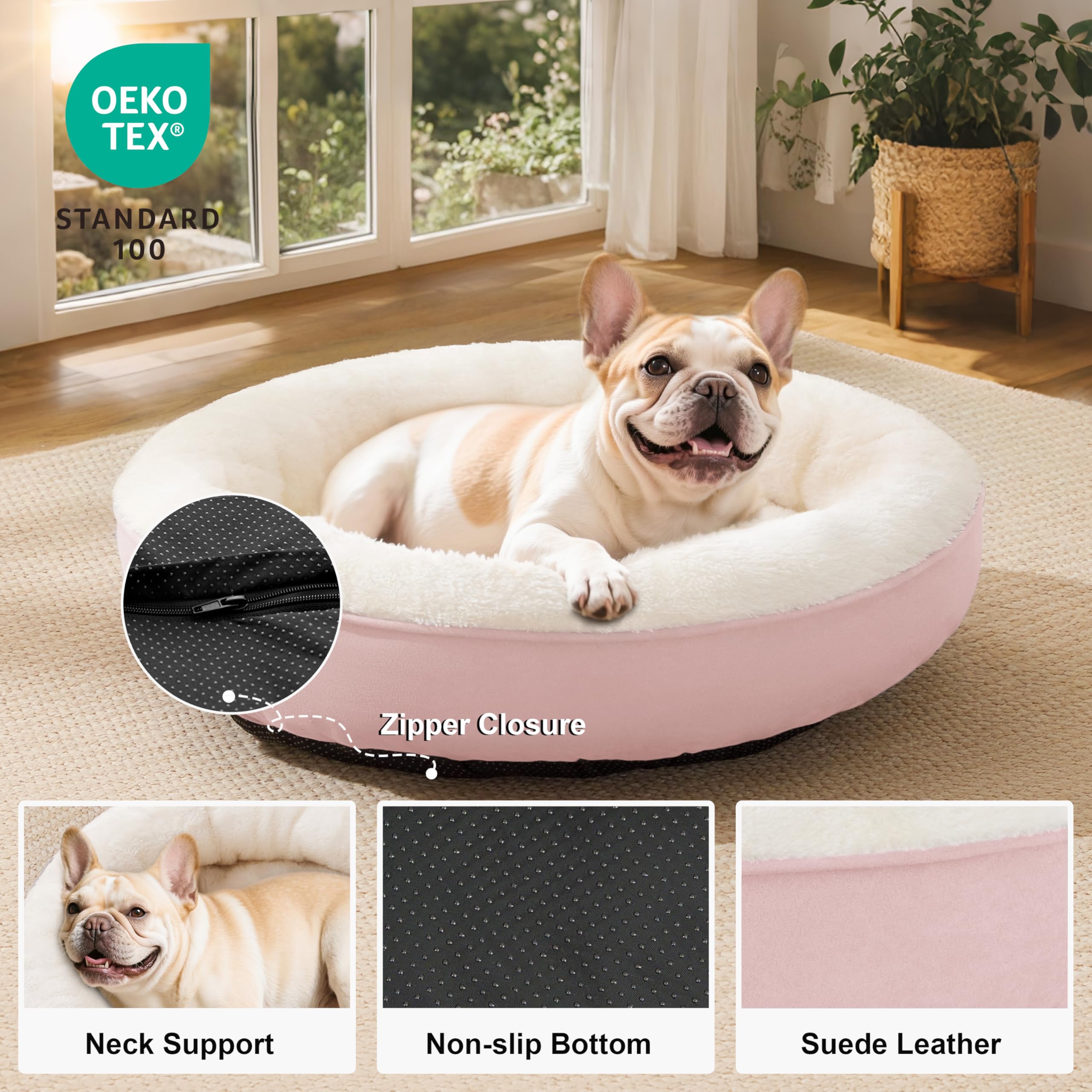 Love's cabin Cama Donut rosa, borde elevado para apoyo de cabeza y cuello.