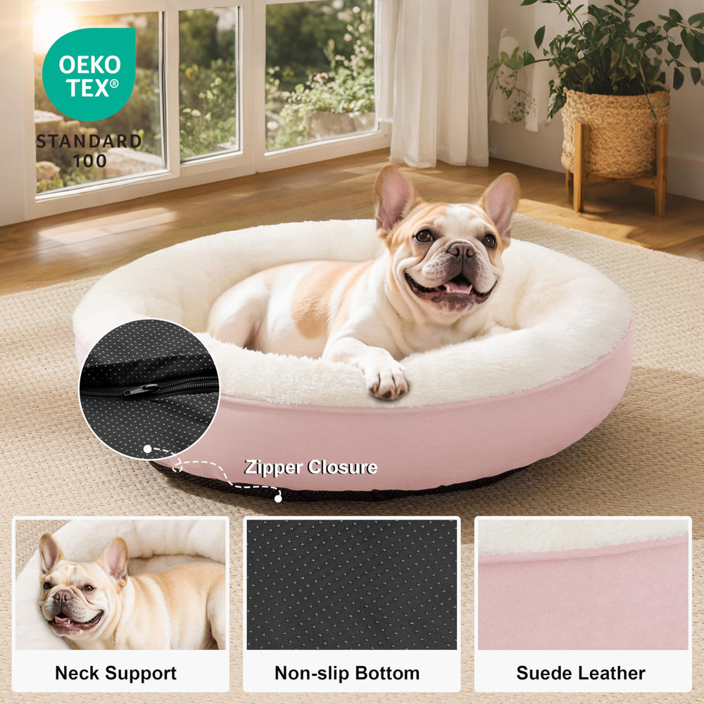 Love's cabin Cama Donut rosa, borde elevado para apoyo de cabeza y cuello.